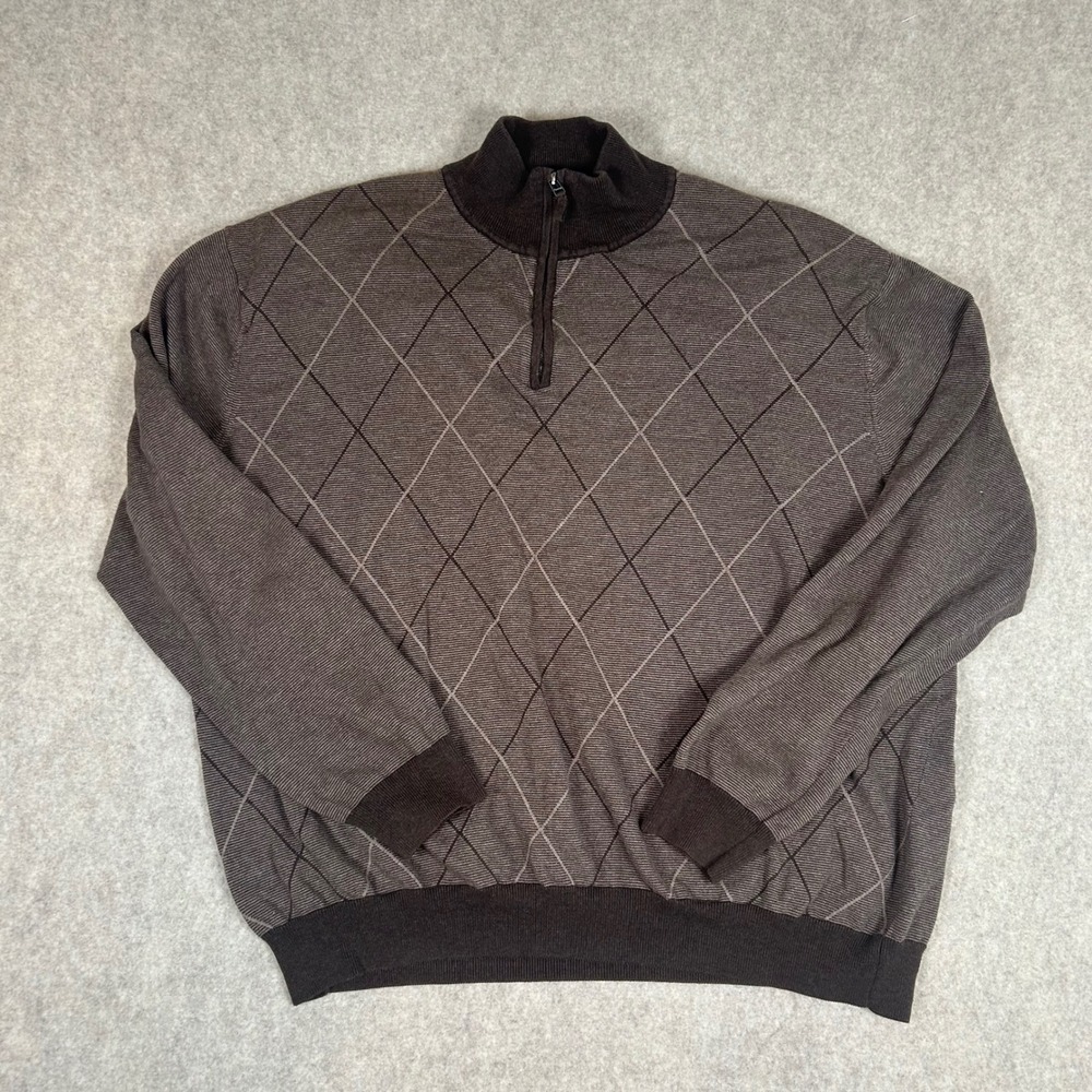Perry‎ Ellis Quarter Zip Sweater Mens 4X Brown Argyle Cotton Pullover